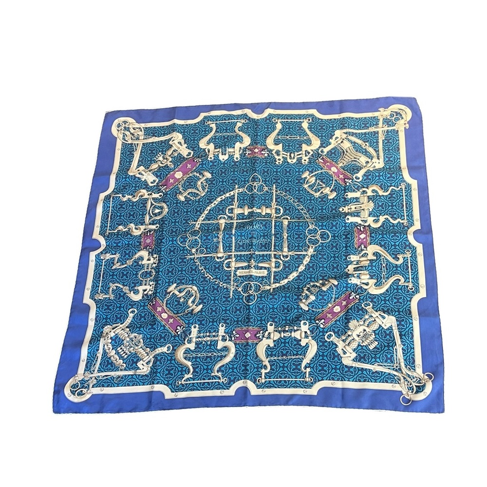 Hermes Blue Multicolor Mors et Gourmettes Silk Scarf